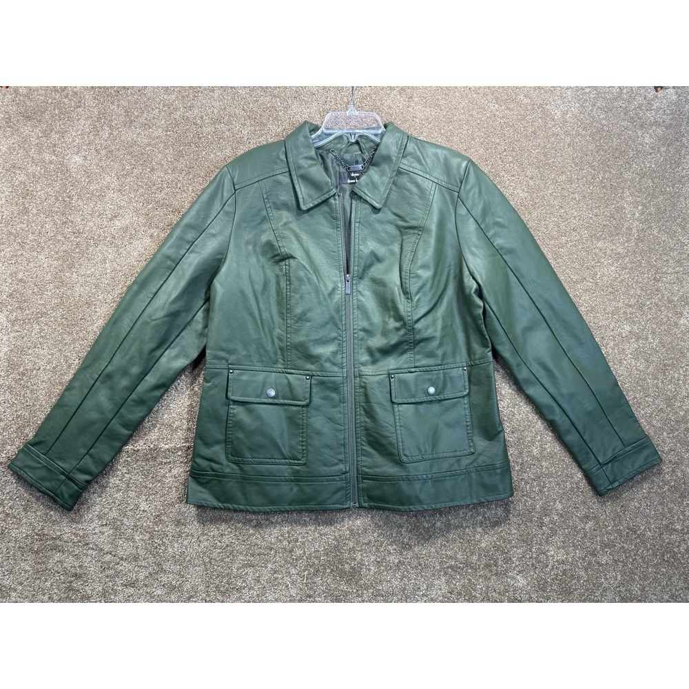 Dennis Basso Women's Size Large - Green Faux Leather Jacket Full Zip New